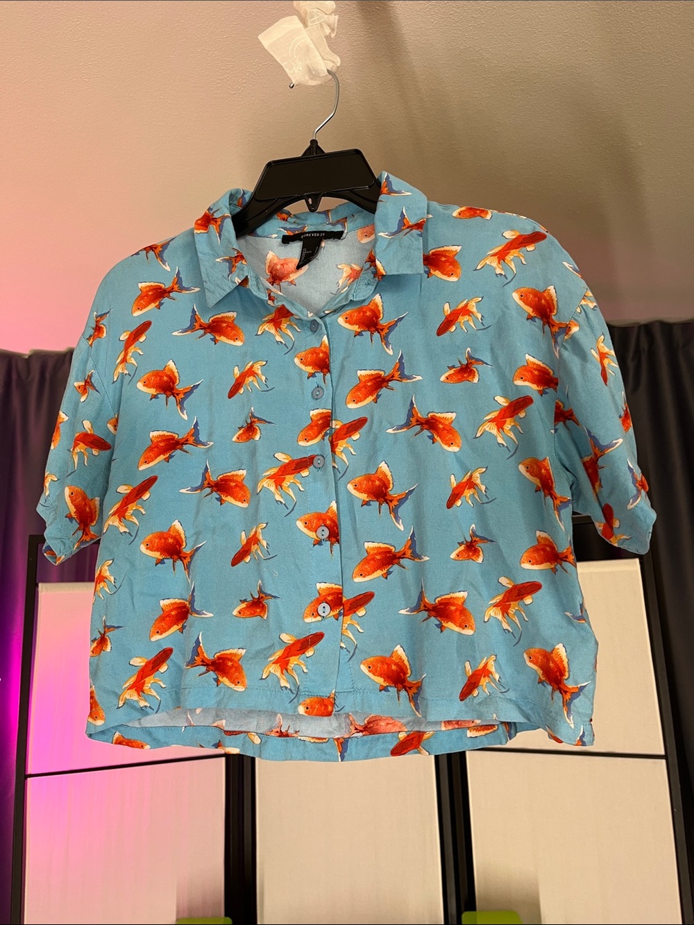 Forever 21 Blue Crop Button-Up Top with Orange Fish Print